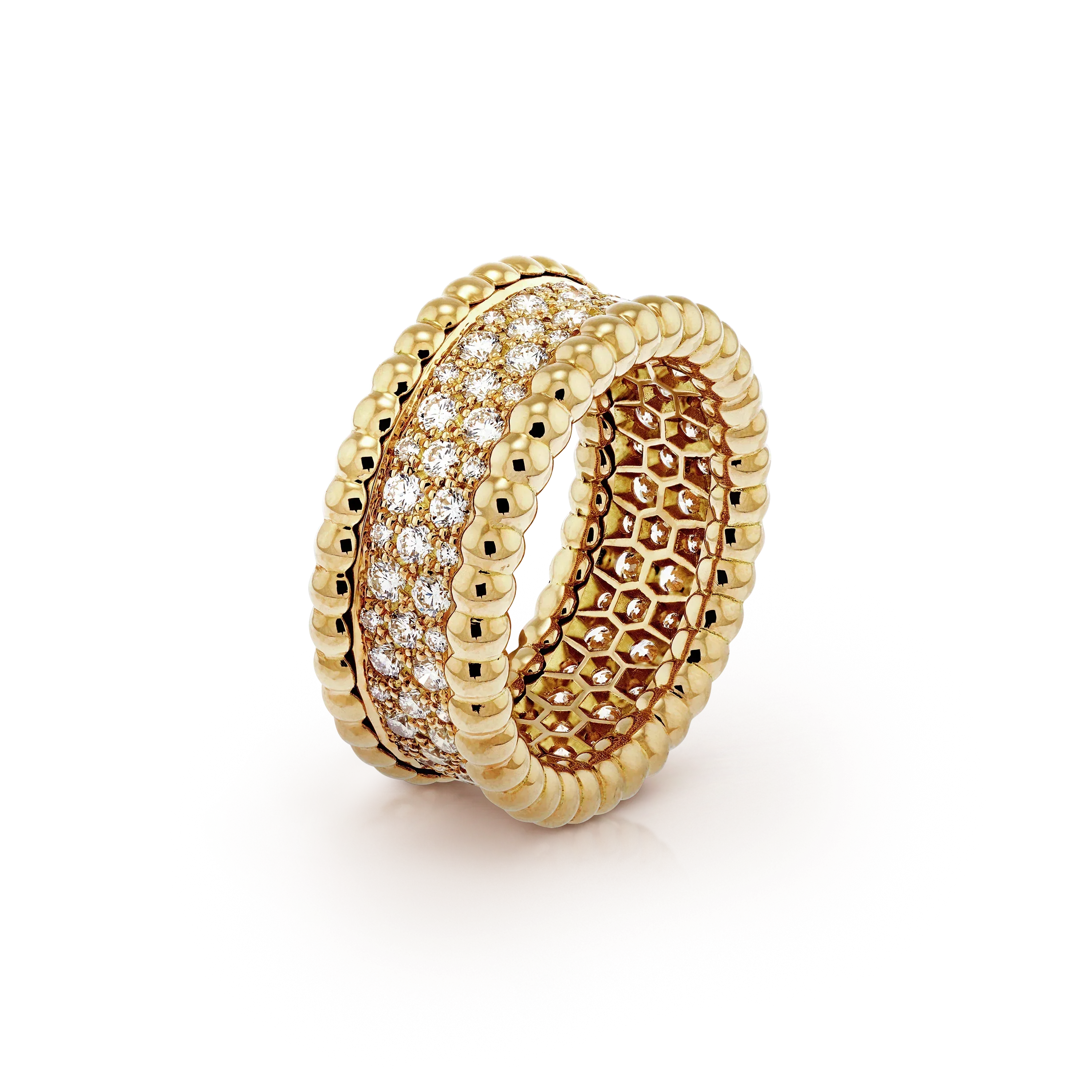 18K Yellow Gold Perlée Diamonds 3 Row Ring