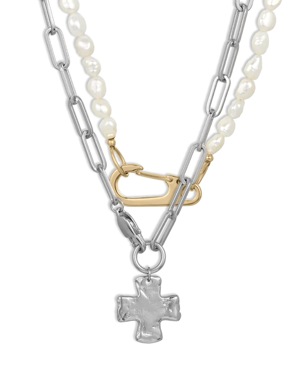 Chunky Cross and Pearl Lock Necklace Set - Mixed Metals